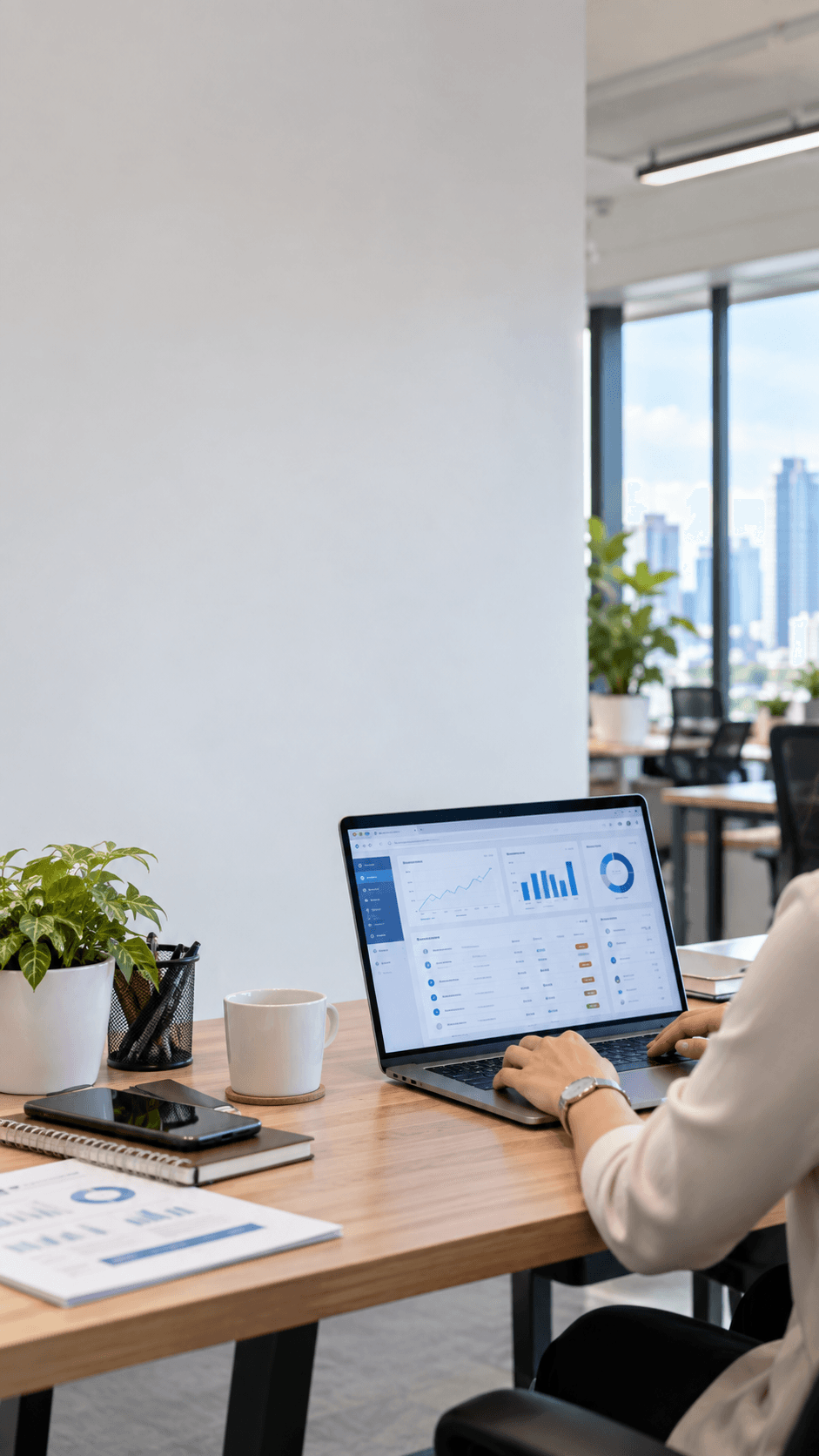 Dashboard on a laptop in a bright workspace