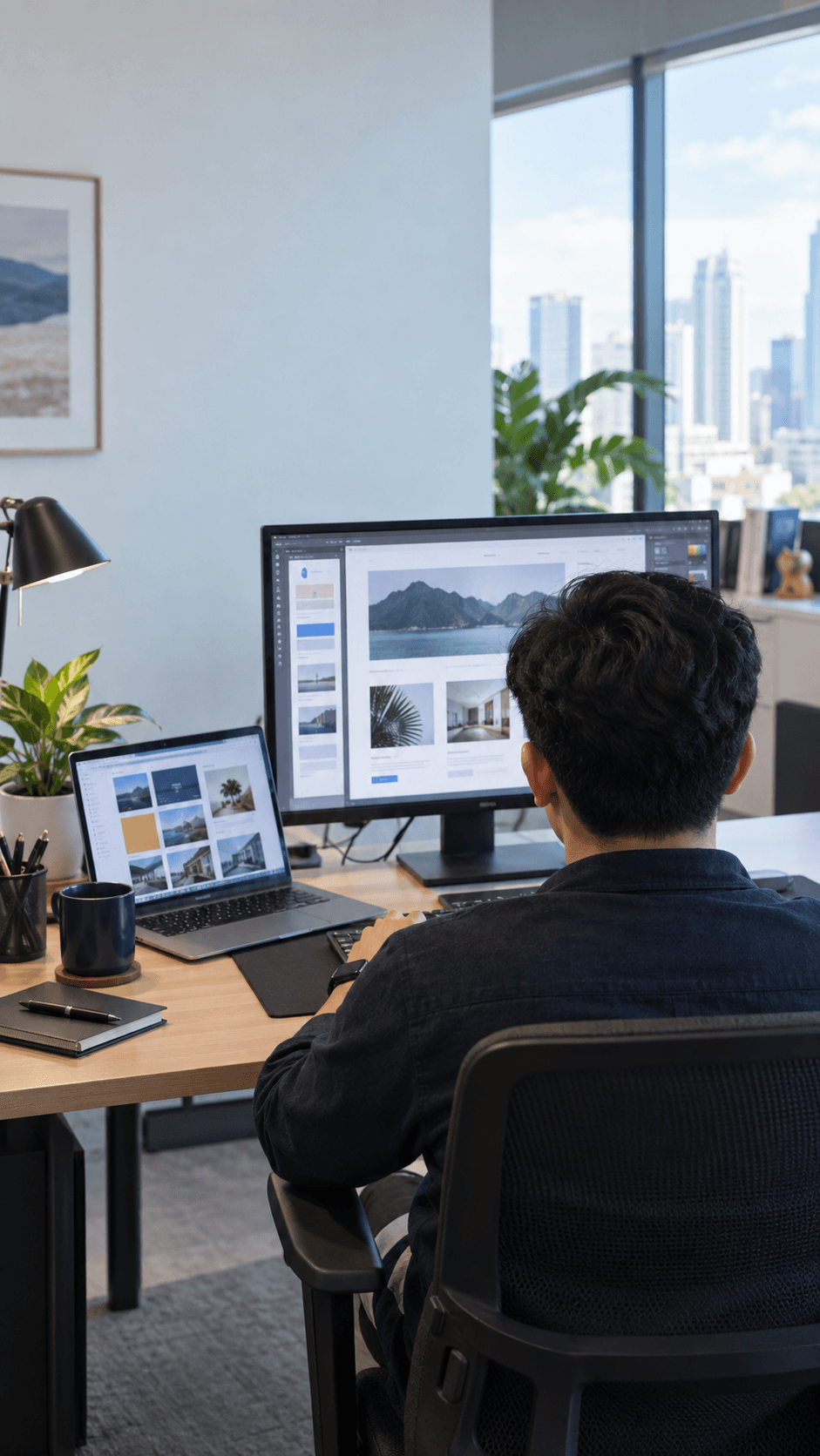 Team workspace with web design screens